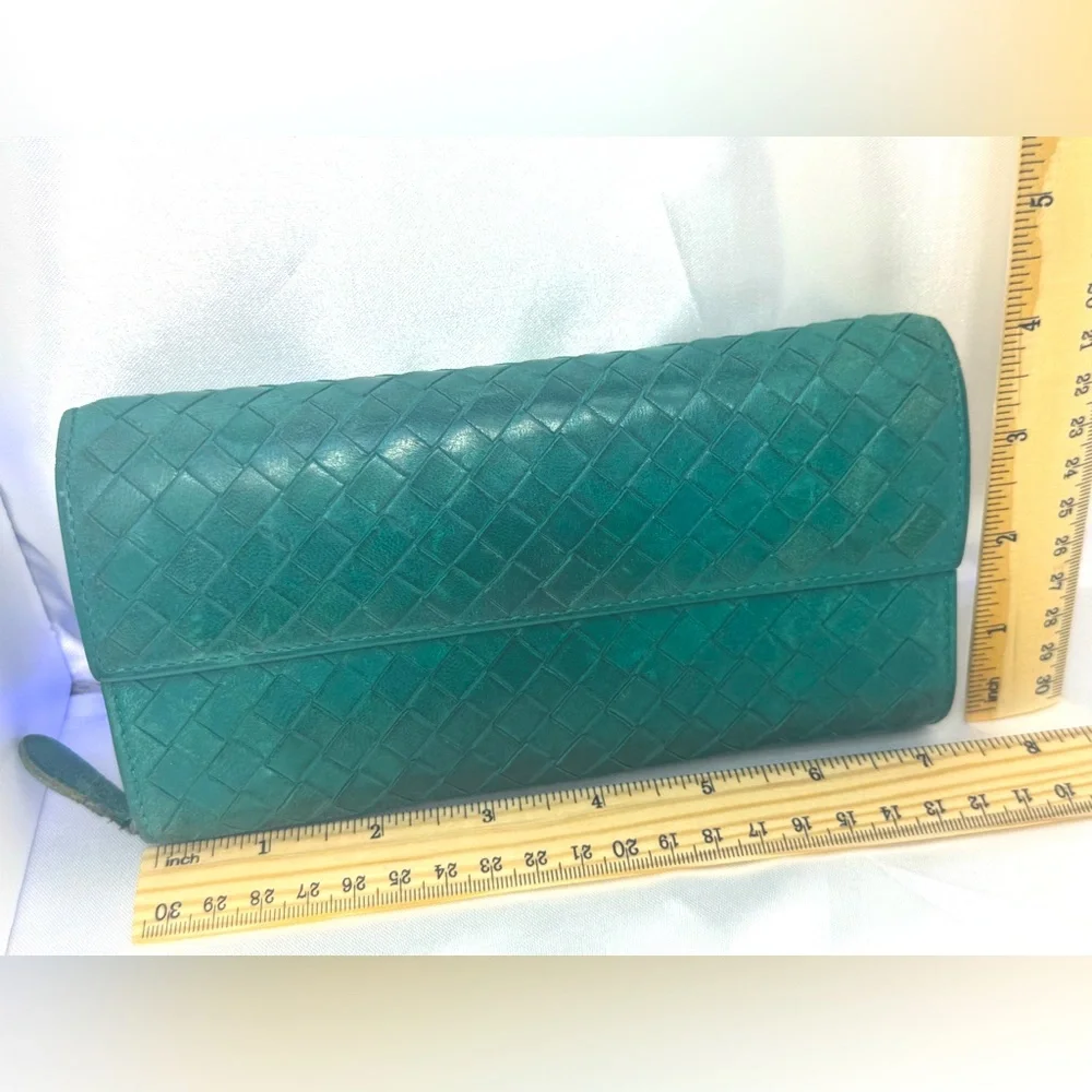 Bottega Veneta Intrecciato Leather Long Wallet Teal Vintage Color Made in Italy - Picture 13 of 14